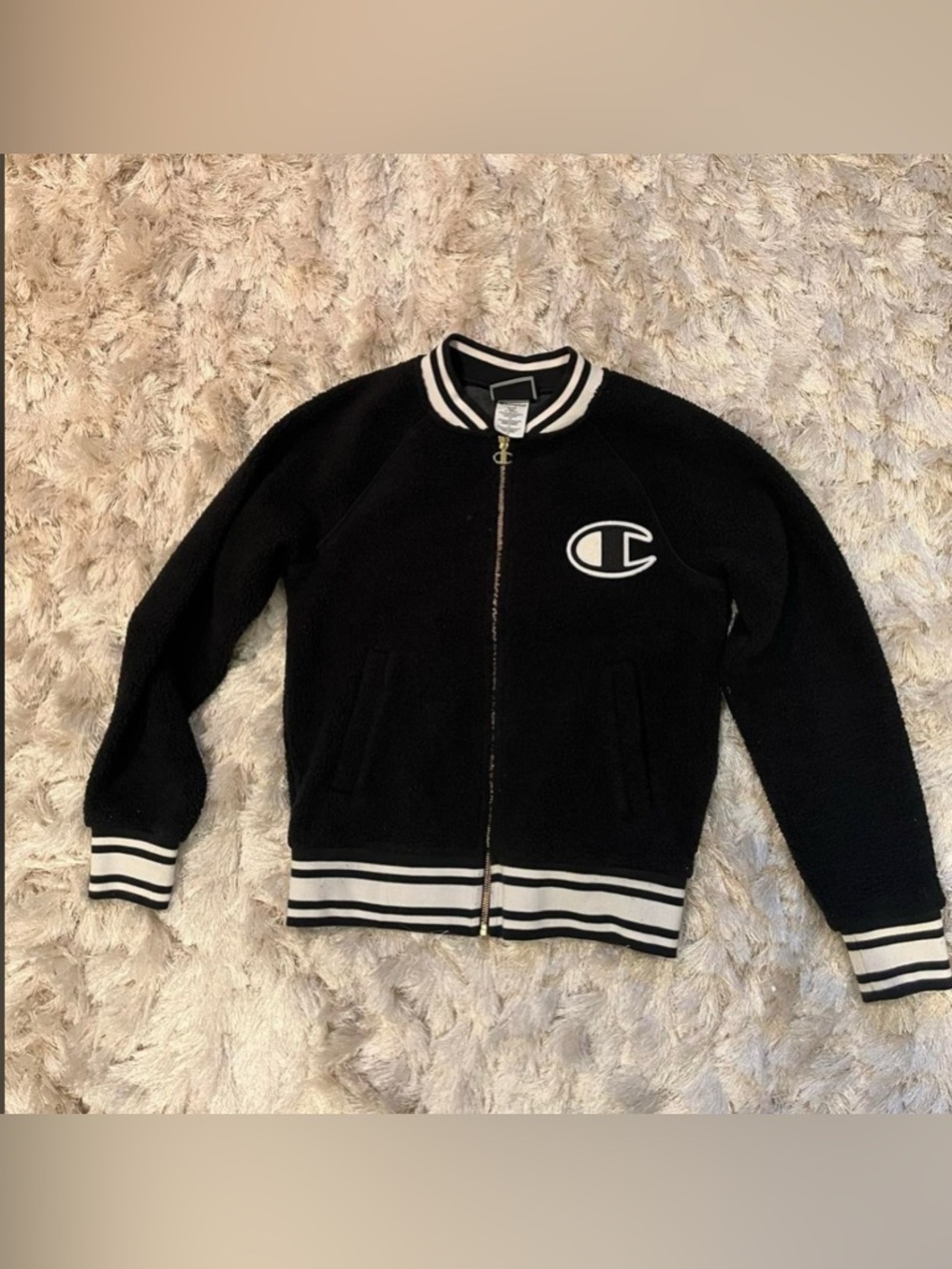 Champion Black Sherpa Zip-Up Jacket with White Trim